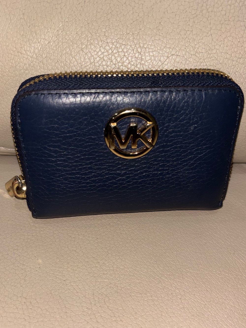 Michael Kors Navy Leather Zip-Around Card Wallet with Gold Logo